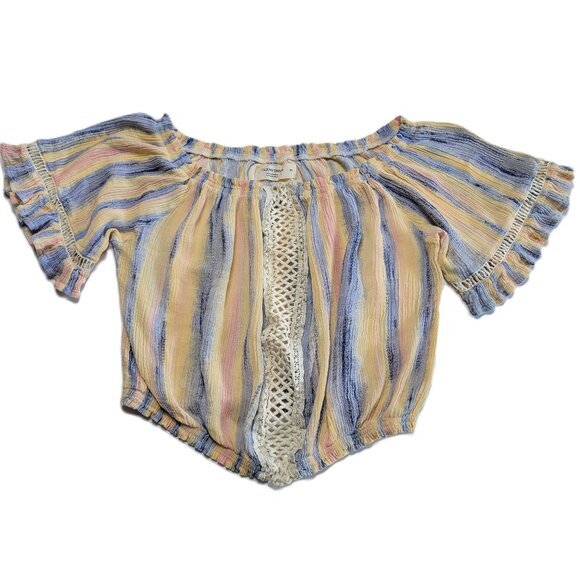 Ocean Drive Boho Peasant Crop Top Blue Yellow Pink Striped Size Medium - Picture 1 of 9